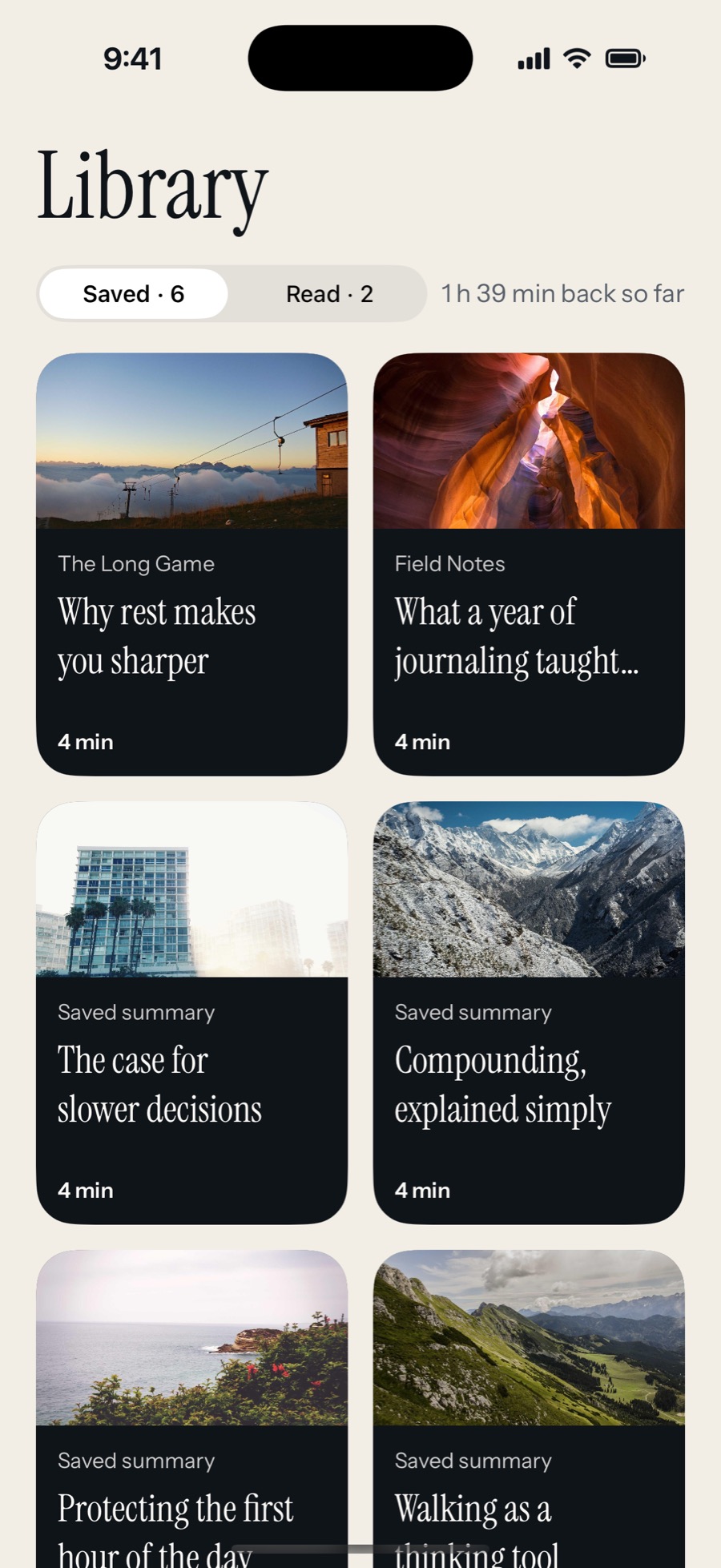 Sumbly’s Library: six saved summaries and 1 h 39 min back so far.