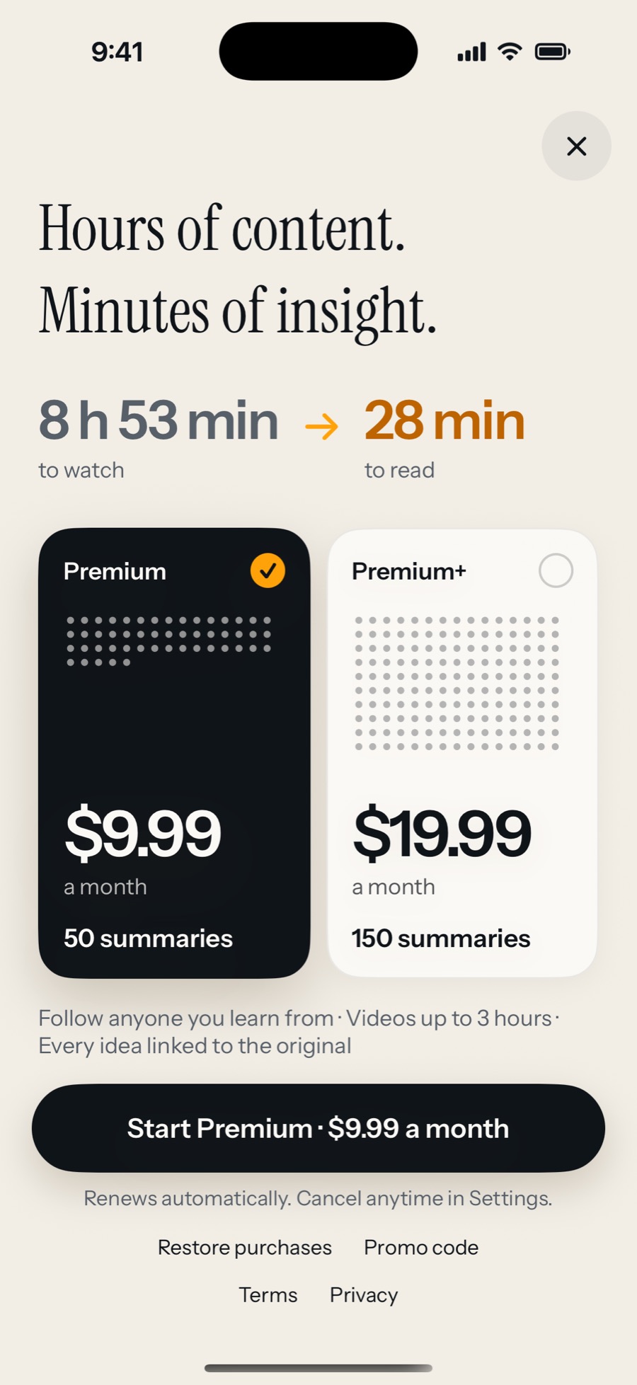 The Sumbly paywall: 8 h 53 min to watch becomes 28 min to read; Premium at $9.99 a month for 50 summaries, or Premium+ at $19.99 a month for 150, each shown as a grid of dots.