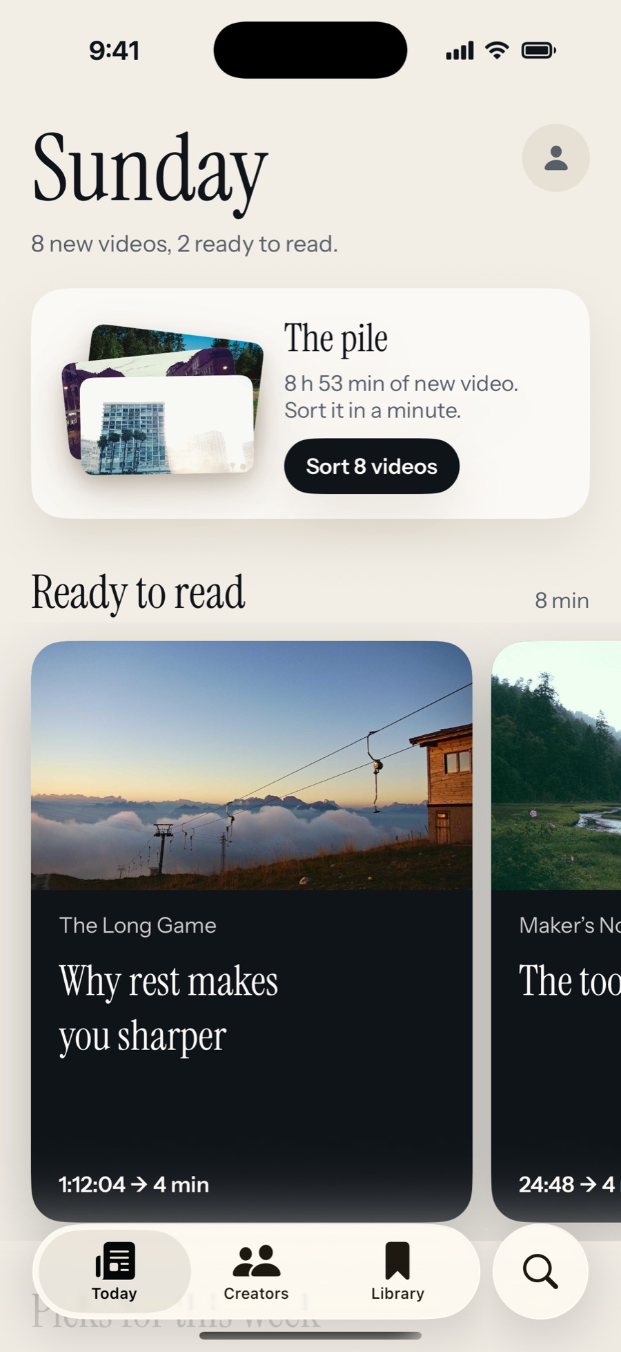 Sumbly’s Today screen: 8 new videos, 2 ready to read. The pile holds 8 h 53 min of new video, with a button to sort 8 videos, and summaries ready to read below.